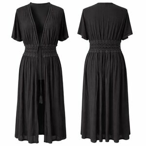 Lavender Field Maxi Cardigan Duster Kimono Black Sz L Gauzy Tassels Crochet USA